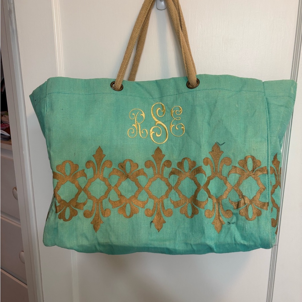 Turquoise Canvas Tote Bag with Gold Pattern